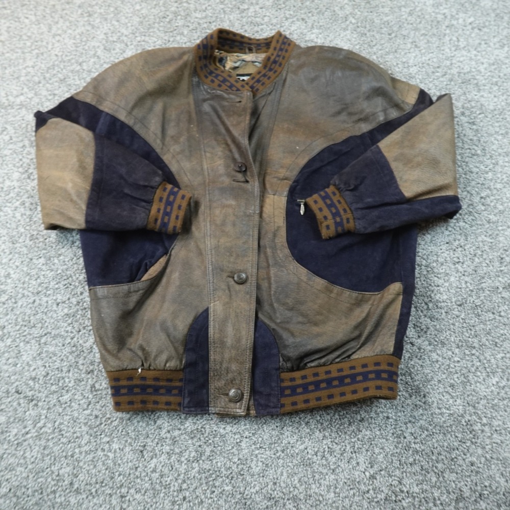 VTG Pelle Jacket Womens M Brown Blue Colorblock Suede Leather Bomber Coat 90s